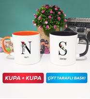 İkili Kişiye Özel Baş Harf ve İsim Yazılı Kupa Bardak Turuncu Siyah