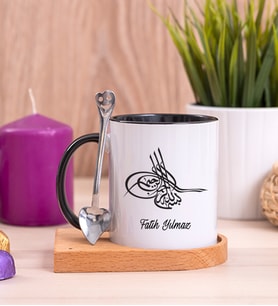 Osmanlı Tuğralı Ahşap Altlıklı Siyah Kupa Bardak