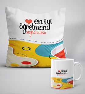 BK Gift Kişiye Özel En İyi Öğretmen Beyaz Yastık Kupa Seti-4 (Model 1)