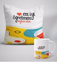 BK Gift Kişiye Özel En İyi Öğretmen Beyaz Yastık Kupa Seti-4 (Model 1)