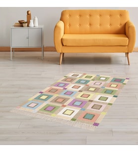 Kırkyama Patchwork Desenli Etnik Dijital Baskı Yıkanabilir Kaymaz Taban Salon Halı ve Yollu (Bej)