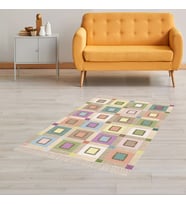 Kırkyama Patchwork Desenli Etnik Dijital Baskı Yıkanabilir Kaymaz Taban Salon Halı ve Yollu (Bej)