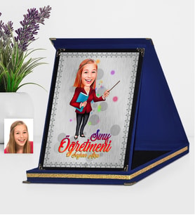 BK Gift Kişiye Özel Bayan Öğretmen Karikatürlü Lacivert Plaket  3