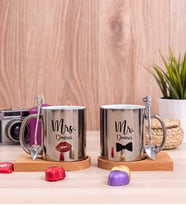 Mr Mrs Tasarımlı Ahşap Altlıklı İkili Silver Kupa Bardak