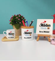 Mesajlı Maden Mühendisi Tasarımlı Kişiye Özel Maden Mühendisi Ahşap Altlıklı Türk Kahvesi Fincanı Kalemlik Dekoratif Taş Baskı Hediye Seti