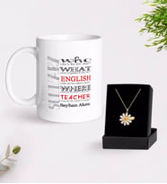BK Gift Kişiye Özel İngilizce Öğretmeni Beyaz Kupa ve Papatya Kolye Hediye Seti-7 (Model 1)