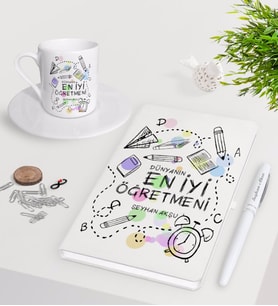 BK Gift Kişiye Özel Dünyanın En İyi Öğretmeni Beyaz Defter Kalem Türk Kahvesi Fincanı Seti-8 (Model 1)