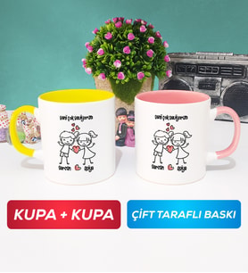 İkili Kişiye Özel Sevgililer Günü Hediyesi Kupa Bardak Sarı Pembe