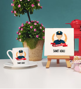 Erkek Polise Hediye En Yakışıklı Polis Türk Kahvesi Fincanı ve Dekoratif Taş Baskı Seti