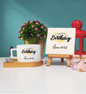 Happy Birthday Tasarımlı Kişiye Özel Doğum Günü Hediyesi Ahşap Altlıklı Fincan ve Dekoratif Taş Baskı Hediye Seti