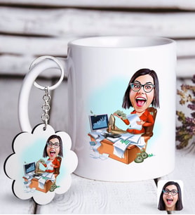 BK Gift Kişiye Özel Bayan Bankacı Karikatürlü Beyaz Kupa ve Anahtarlık Hediye Seti-1 (Model 1)