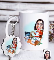 BK Gift Kişiye Özel Bayan Bankacı Karikatürlü Beyaz Kupa ve Anahtarlık Hediye Seti-1 (Model 1)