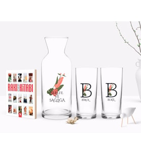 BK Gift Kişiye Özel Renkli Baskılı Baş Harfli İsimli İkili Rakı Bardağı Karaf ve Cep Kitabı Hediye Seti-10 (Model 1)