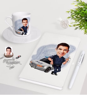BK Gift Kişiye Özel Erkek Trafik Polisi Karikatürlü Beyaz Defter Kalem Türk Kahvesi Fincanı Seti-1 (Model 1)