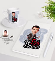 BK Gift Kişiye Özel Evin Reisi Karikatürlü Beyaz Defter Kalem Türk Kahvesi Fincanı Seti-2 (Model 1)