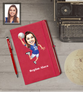Kişiye Özel Sporcu Karikatürlü  Kırmızı Defter Kalem Hediye Seti Bayan-2