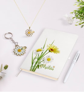 BK Gift Kişiye Özel İsimli Defter Kalem Gold Papatya Kolye ve Anahtarlık Seti-11 (Model 1)
