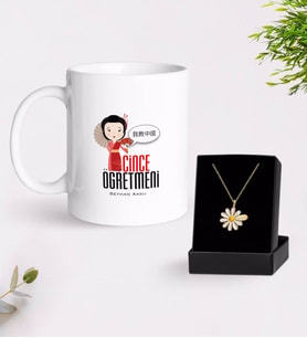 BK Gift Kişiye Özel Çince Öğretmeni Beyaz Kupa ve Papatya Kolye Hediye Seti (Model 1)