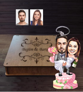Kişiye Özel Gelin Damat Karikatürlü Ahşap Anahtarlık Kutulu  Mod-9