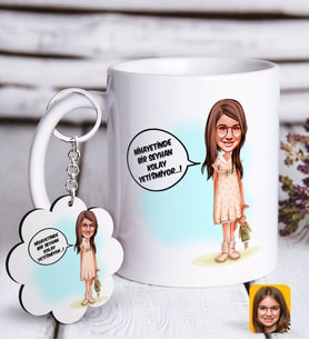 BK Gift Kişiye Özel Kız Çocuk Kolay Yetişmiyor Karikatürlü Beyaz Kupa ve Anahtarlık Hediye Seti-1 (Model 1)