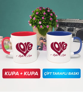 İkili Love Tasarımlı Sevgililer Günü Hediyesi Kupa Bardak Kırmızı Lacivert