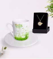 BK Gift Kişiye Özel Papatya Temalı En İyi Öğretmen Türk Kahvesi Fincanı ve İsimli Papatya Kolye Hediye Seti-6 (Model 1)