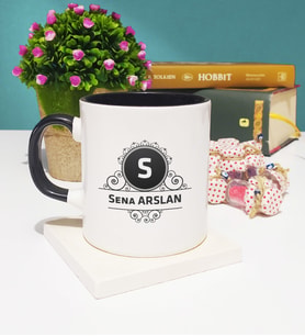 Baş Harf ve İsim Soyisim Tasarımlı Kişiye Özel Baş Harf ve İsim Soyisim Yazılı Kupa Bardak Siyah