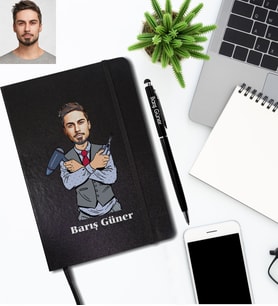 Kişiye Özel Berber Karikatürlü Siyah Defter Kalem Hediye Seti Bay-1