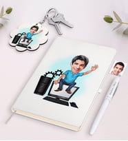 BK Gift Kişiye Özel Erkek Bilgisayar Mühendisi Karikatürlü Beyaz Defter Kalem ve Anahtarlık Hediye Seti (Model 1)