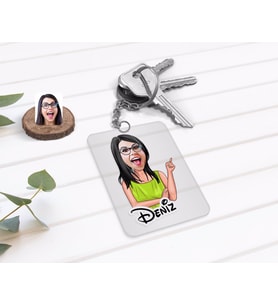 BK Gift Kişiye Özel Kadın Karikatürlü Şeffaf Pleksi Anahtarlık-19 (Beyaz)