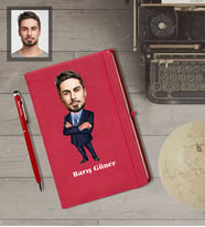 Kişiye Özel Öğretmen Karikatürlü  Kırmızı Defter Kalem Hediye Seti Bay-8