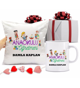 Anaokulu Öğretmeni Kupa Bardağı ve Yastığı Hediye Seti (Model 1)