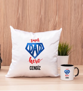 Super Dad Babaya Hediye Kare Yastık ve Siyah Kupa Bardak