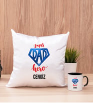 Super Dad Babaya Hediye Kare Yastık ve Siyah Kupa Bardak
