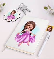 BK Gift Kişiye Özel Kız Çocuk Prenses Karikatürlü Beyaz Defter Kalem ve Anahtarlık Hediye Seti-1 (Model 1)