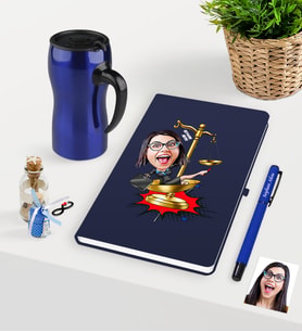BK Gift Kişiye Özel Bayan Avukat Karikatürlü Lacivert Defter Kalem Termos Mug Seti - 4 (Model 1)