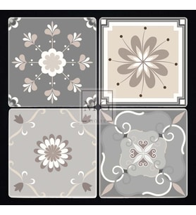 4'lü Uv Baskılı Doğal Taş Bardak Altı 10 cm x 10 cm Gri Beyaz Çini Desenli