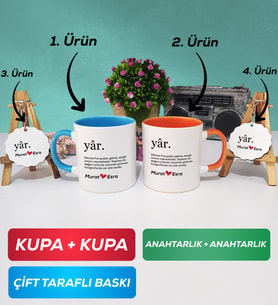 İkili Mavi Turuncu Yâr Sevgililer Günü Hediyesi Kupa Bardak Anahtarlık