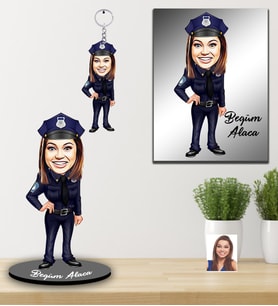 Kişiye Özel Polis Karikatürlü 3 lü Hediye Seti Bayan-2