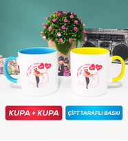İkili Sevgiliye Sevgililer Günü Hediyesi 2 Kupa Bardak Mavi Sarı