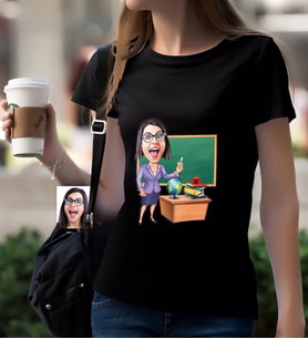 BK Gift Kişiye Özel Bayan Öğretmen Karikatürlü Siyah T-Shirt-1