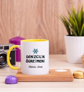 Denizcilik Öğretmeni Ahşap Altlıklı Mumlu Sarı Kupa Bardak