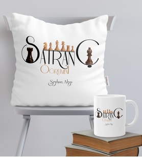 BK Gift Kişiye Özel Satranç Öğretmeni Temalı Yastık Kupa Seti - 1