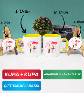 İkili Sarı Sevgiliye Sevgililer Günü Hediyesi 4 Kupa Bardak Anahtarlık