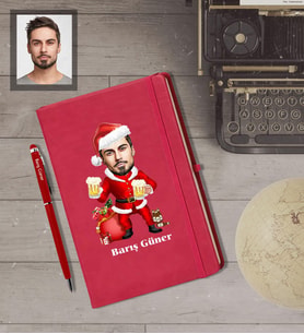 Kişiye Özel Yılbaşı Erkek Karikatürlü Kırmızı Defter Kalem Hediye Seti Model-7