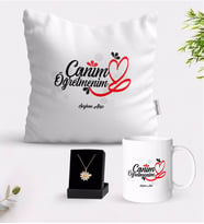 BK Gift Kişiye Özel Canım Öğretmenim Beyaz Kupa Yastık ve İsimli Papatya Kolye Hediye Seti-1 (Model 1)