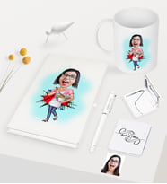 BK Gift Kişiye Özel Ev Hanımı Anne Karikatürlü Beyaz Defter Kalem Kupa Ayna Seti - 3 (Model 1)