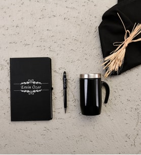 Kişiye Özel İsimli Siyah Defter Kalem Termos Mug Seti
