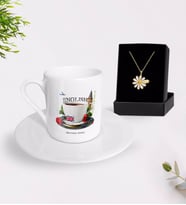 BK Gift Kişiye Özel İngilizce Öğretmeni Türk Kahvesi Fincanı ve İsimli Papatya Kolye Hediye Seti-8 (Model 1)