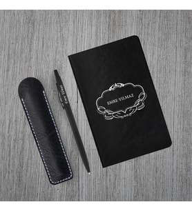 Kişiye Özel UV Baskılı Klasik Model Siyah Defter ve Siyah Tükenmez Kalem